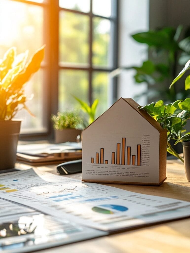 Haus-Modell auf Schreibtisch mit Verkaufspreis