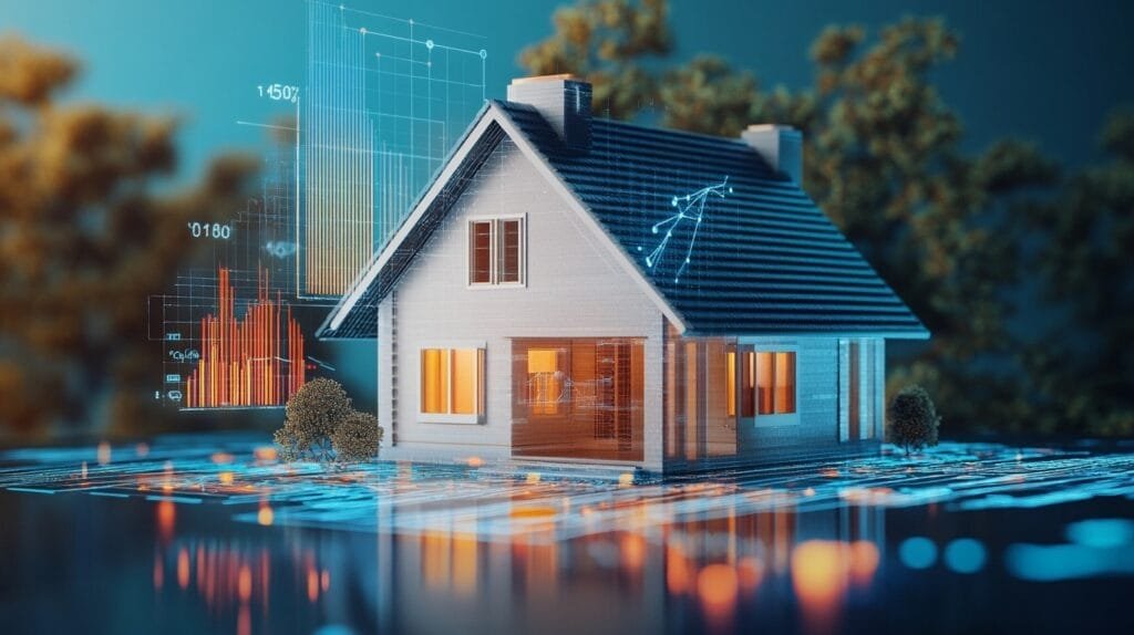 Eine Immobilie und visuelle Abbildungen zu Immobilientrends